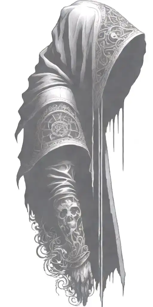 hooded reaper silohuette, smoke, fire, scary, bat wings tattoo design idea