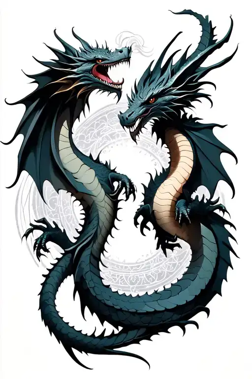 Two symmetrical dragons, their bodies wrapping around a central cosmic design. Their scales shimmer with subtle detailin tattoo design idea