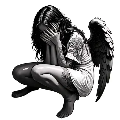  girl with wings on bended knees crying and covering her face tattoo design idea