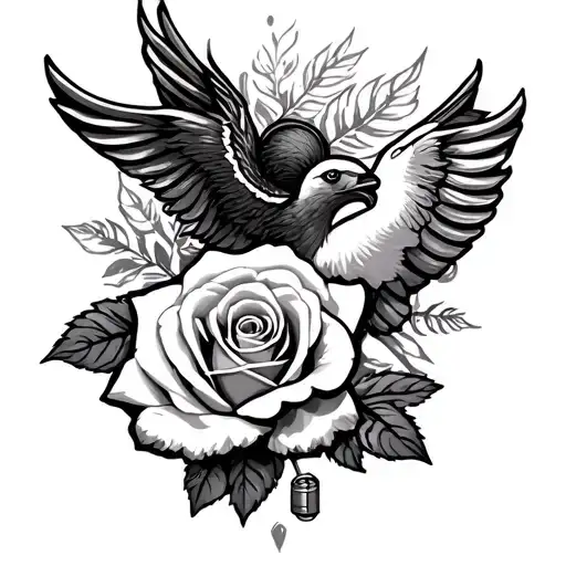 Shotgun Chelle with rose, dove, and shotgun shells tattoo design idea