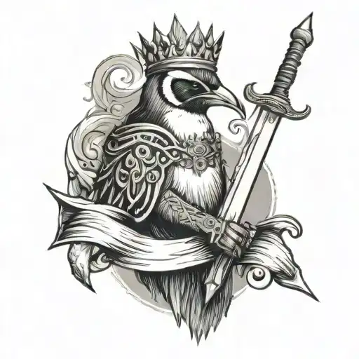 Penguin Crowned sword wrapped tattoo design idea