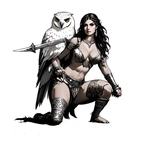 A black and white cybersigilism tattoo of a white owl and a woman gladiator on his knees holding a sword out  tattoo design idea
