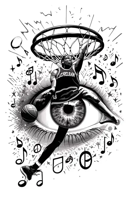 An eye with a reflection of Michael Jordan dunking a basketball, surrounded by hiphop music symbols tattoo design idea
