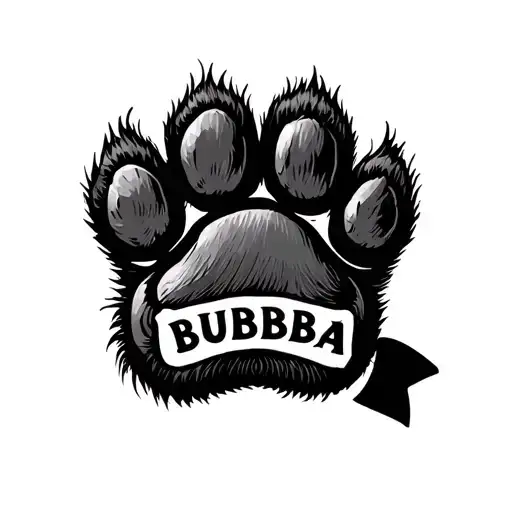 bottom of a Bernese mountain dog paw, with the name BUBBA through the middle of the paw pad tattoo design idea