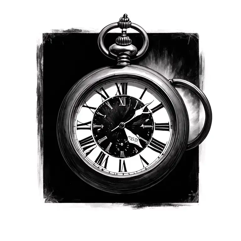 Wrist tattoo in black and white colour. Open pocket watch with both sides showing a clock face. Left side time 20.11. Ri tattoo design idea