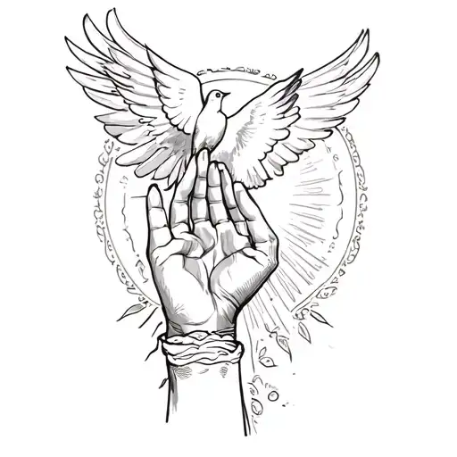 "Tessa 10-06-23 " Open praying hands with a dove flying out of sunshine tattoo design idea