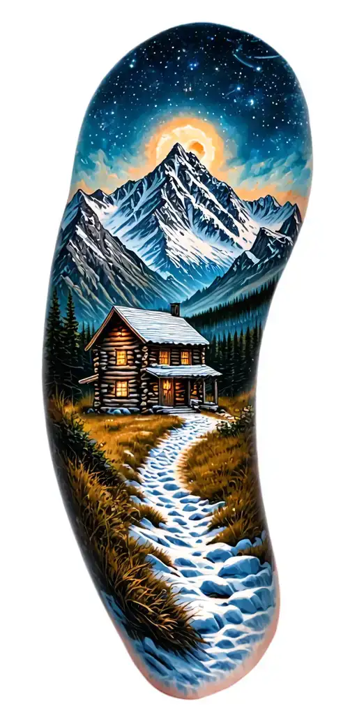 A mountain trail, with a log cabin ahead surrounded by mountains and a starry sky tattoo design idea