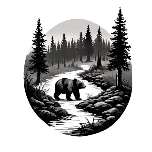 forest scene featuring bears walking on two different paths  tattoo design idea
