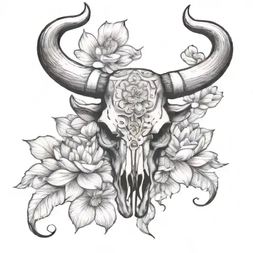 bull skull surrounded by lotus flowers tattoo design idea