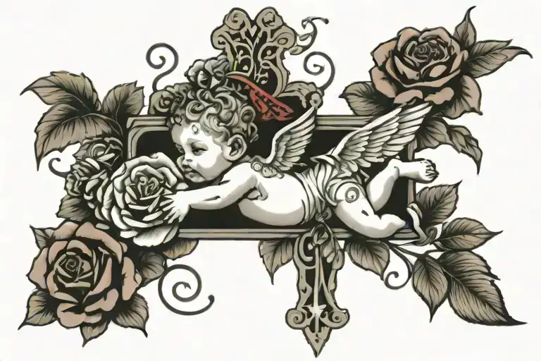 cherub,roses,cross tattoo design idea