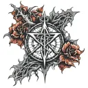 upside down cross, bloody thorns. bleeding human heart. veins, antichrist. satanic pentagram. Satan. tattoo design idea