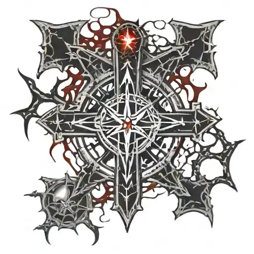 upside down cross, bloody thorns. bleeding human heart. veins, antichrist. satanic pentagram. Satan. tattoo design idea