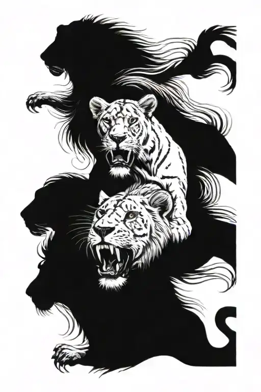 lion and lioness with 6 cubs. lioness protecting the pride tattoo design idea