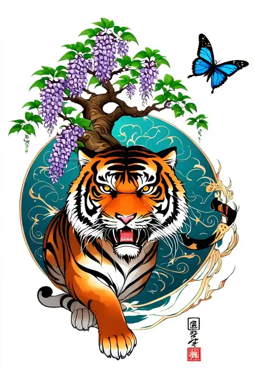 demon slayer wisteria tree over a tiger and butterfly Japanese style back tattoo tattoo design idea