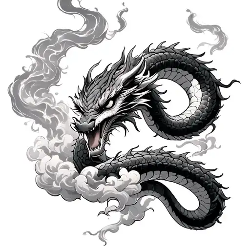 evil japanese dragon coiling evil snake around cloud smoke japanese style tattoo design idea