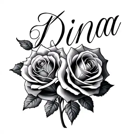Roses with the name "DINA" in cursive  tattoo design idea