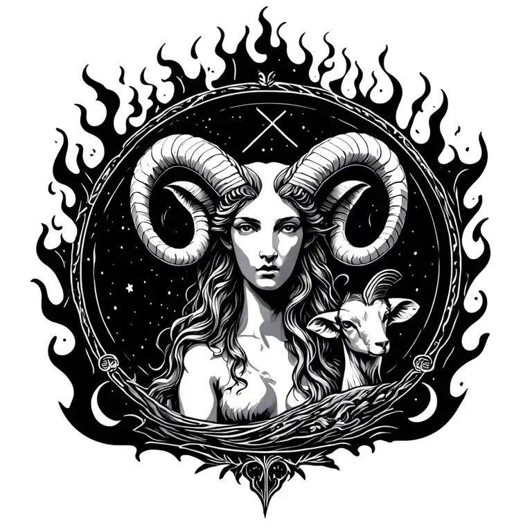 aries goddess surrounded by fire with sign incorporated and a ram within space  tattoo design idea
