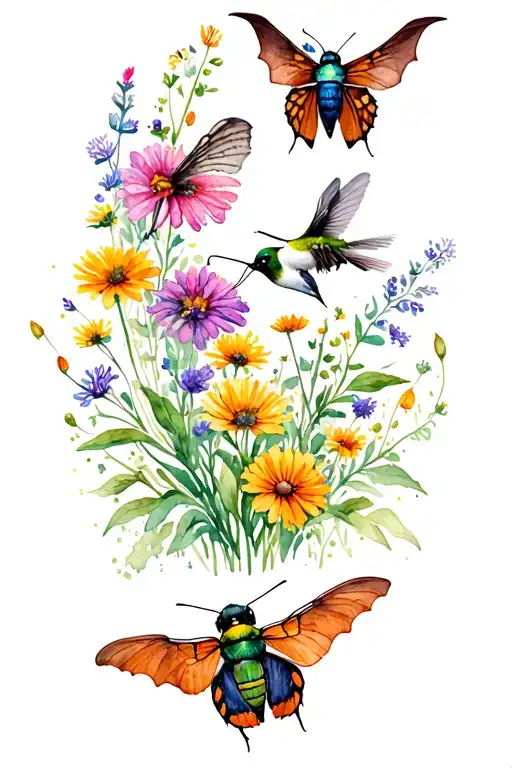 bumblebee,  moth,  butterfly, brown bat, click beetle, & hummingbird over wildflowers  tattoo design idea