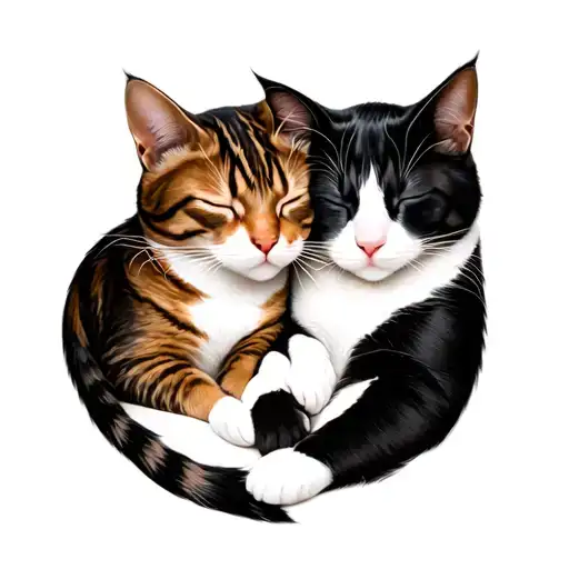 two cats sleeping together, one is a brown striped tabby, the other is a black and white tuxedo calico tattoo design idea