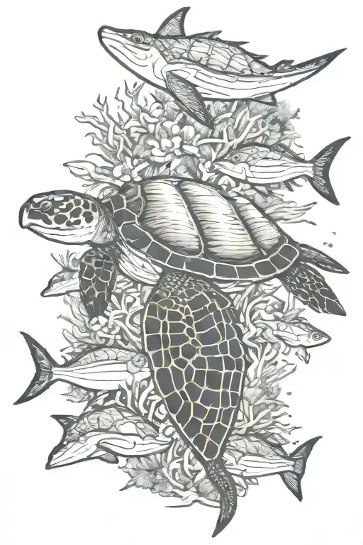 underwater scene with turtle swimming near coral reef, shark, manta ray tattoo design idea