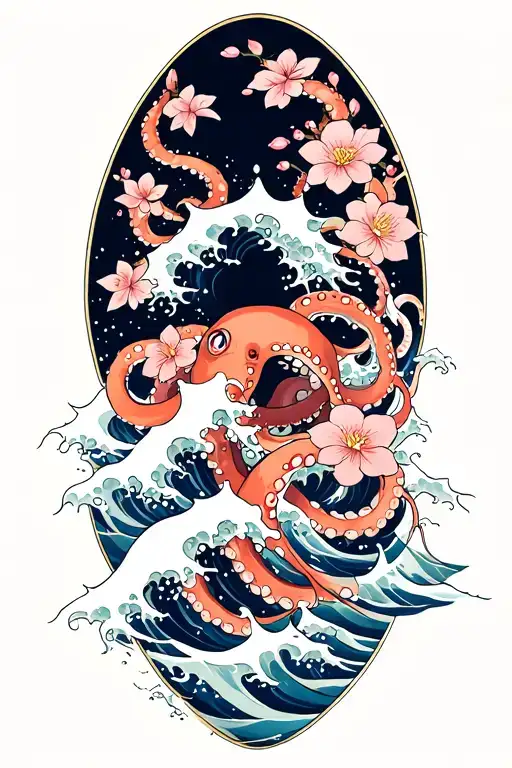 japaense traditional ater waves that have octopus tentacles wrapped around, cherry blossoms scattered around water waves tattoo design idea