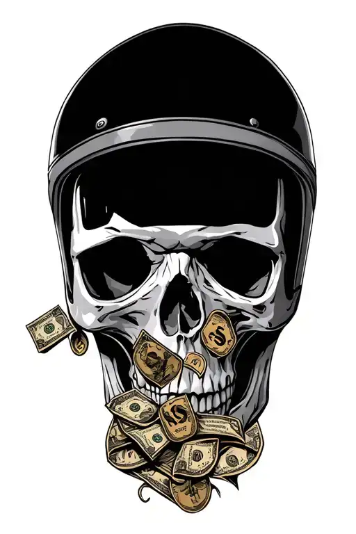 A tattoo of a skull wearing a helmet with money signs and drug motifs incorporated into the design, symbolizing the dangerous and rebellious nature of the motorbike gang lifestyle tattoo design idea