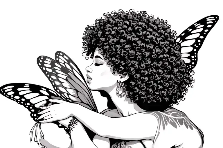 Women with an afro and butterfly wings. Hugging her self  tattoo design idea