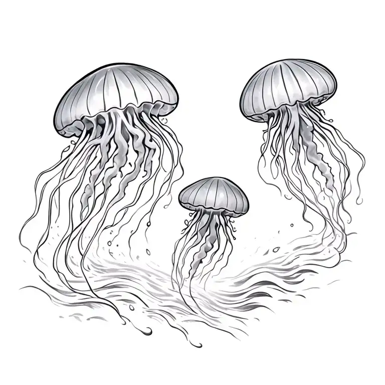 three small jellyfish swimming alongside waves crashing tattoo design idea