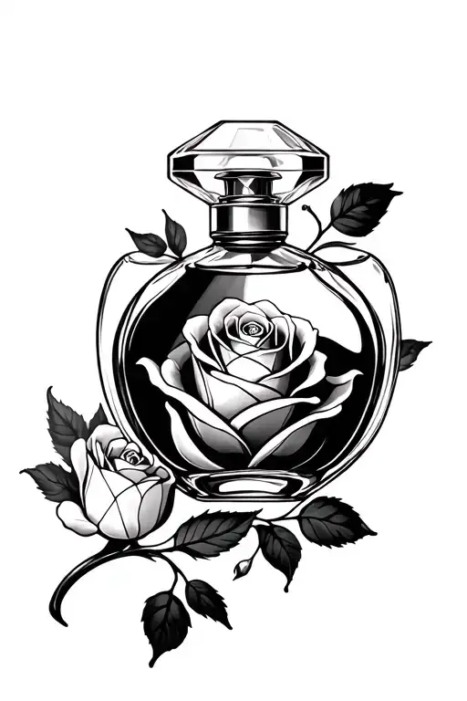 Rose and White Diamond Perfume bottle surrounded tattoo design idea
