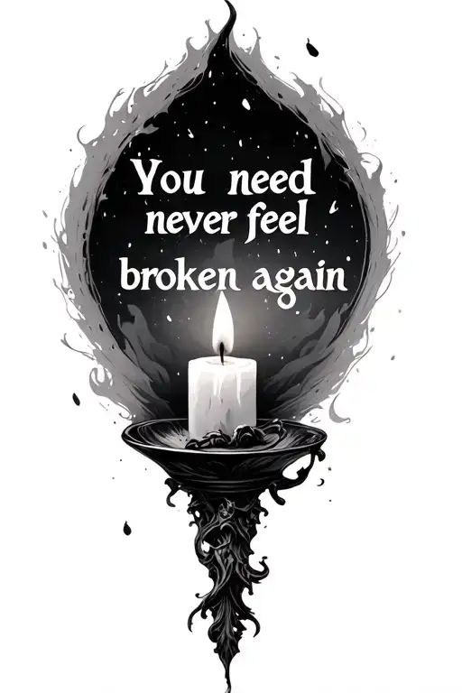 a single candle burning in darkness with the words "You need never feel broken again" floating above tattoo design idea