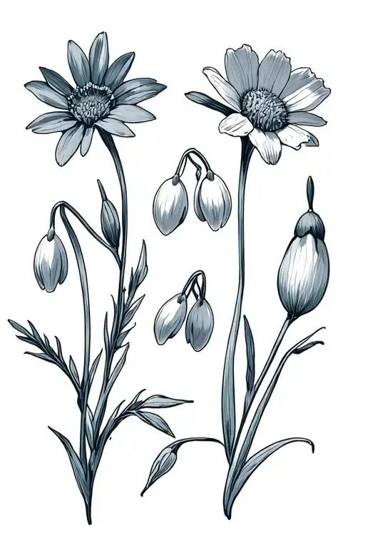 2 larkspur, aster, daffodil, poppy, snowdrop tattoo design idea