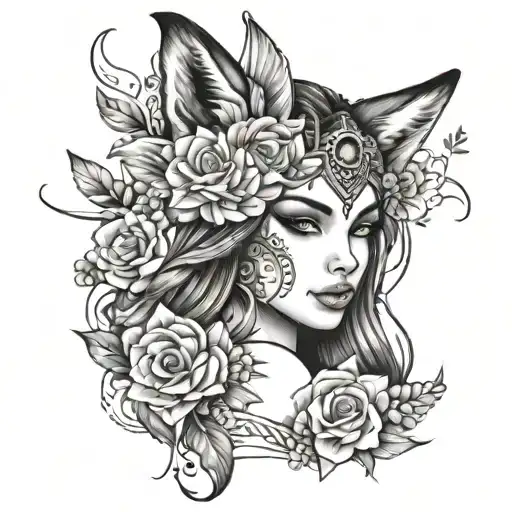 sketch of black and white tattoo of a girl's face in chicano style with flowers and a fox tattoo design idea