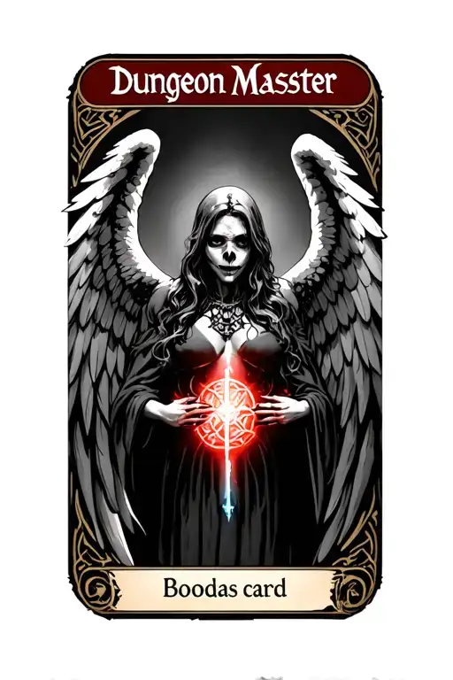 "Dungeon Master " D&D, tarot card, female angel of death, wings, d20, nsfw, nudity, boobs, tits, viscerals, organs, anatomy  tattoo design idea