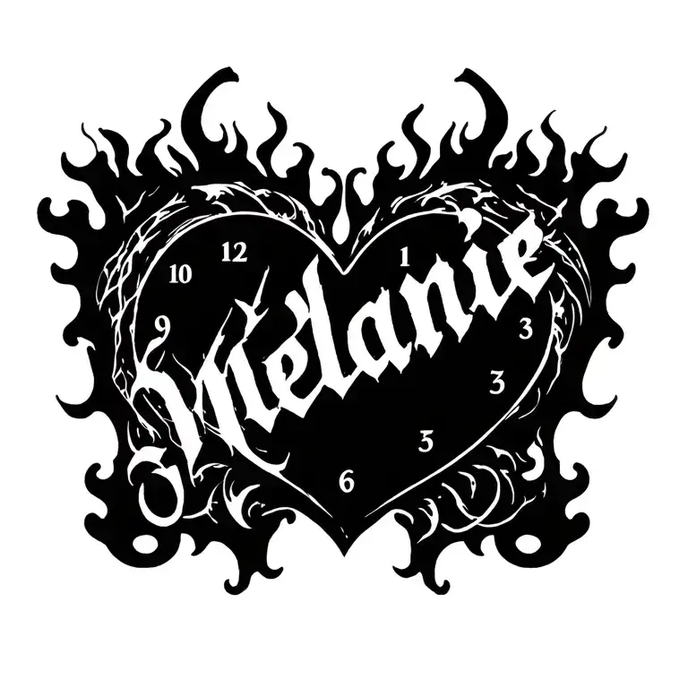 "Mélanie" clock heart in flame tattoo design idea