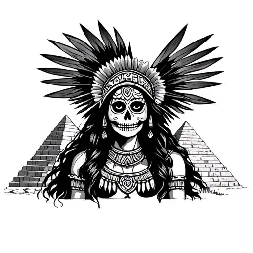 Aztec woman warrior with sugar skull for face and pyramid in background tattoo design idea