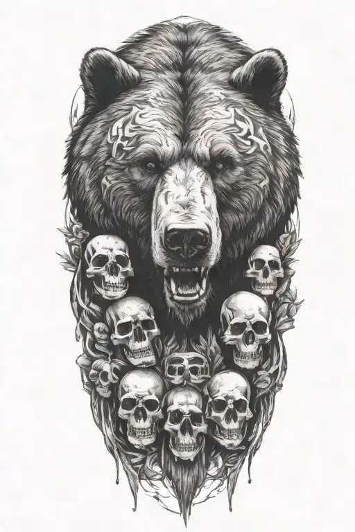 bear face and skulls surrounded tattoo design idea