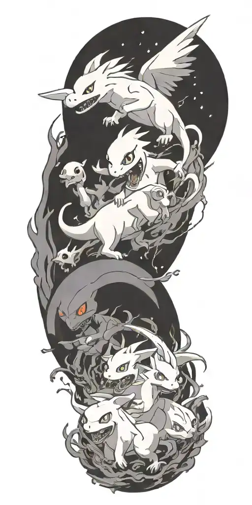 pokemon battling in the form of heaven and hell horror style incude space tattoo design idea