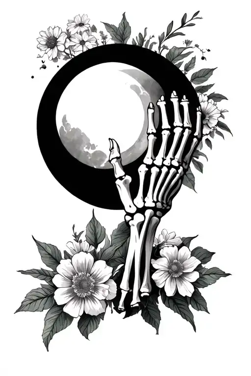outer forearm creation of Adam 1 hand skeleton other normal with flowers surrounding it with moon in middle of the hands tattoo design idea