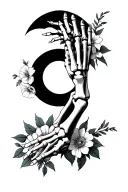 outer forearm creation of Adam 1 hand skeleton other normal with flowers surrounding it with moon in middle of the hands tattoo design idea