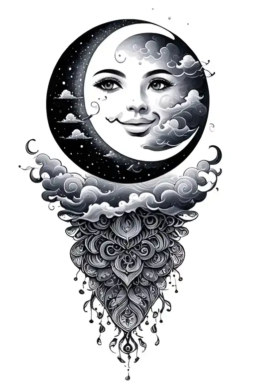 psychadelic clouds fantasy smiling moon tattoo design idea
