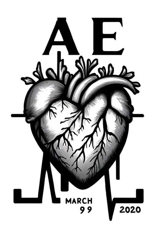 letter A and E, date March 9, 2020, heart, heartbeat tattoo design idea