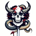 skull with horns and one is broken with a sword going through the skull  and the sword is a snake with scorpion Head  tattoo design idea