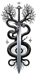 tree of life with heaven and hell symbology with a coiled snake, gates of heaven, and st Michael's sword tattoo design idea