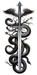 tree of life with heaven and hell symbology with a coiled snake, gates of heaven, and st Michael's sword tattoo design idea