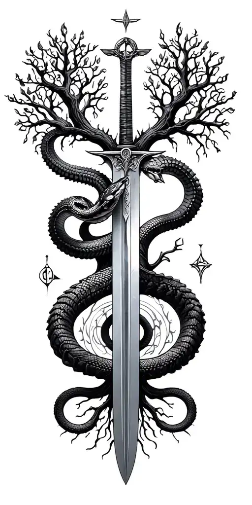 tree of life with heaven and hell symbology with a coiled snake, gates of heaven, and st Michael's sword tattoo design idea