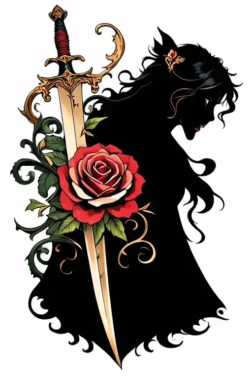 A beautiful and intricate design of the Beauty and the Beast enchanted rose intertwined with the Mulan family sword tattoo design idea