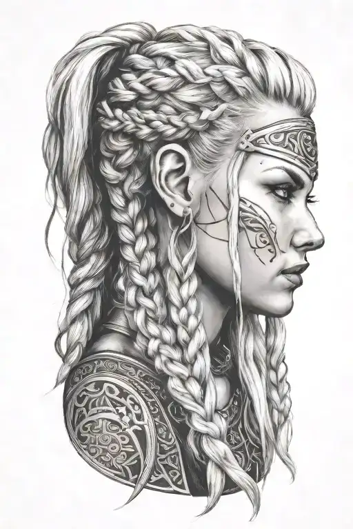 blonde viking woman face profil braids tattoo design idea
