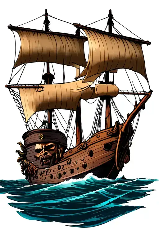 pirate ship seen from the front with the face of Davy Jones under the boat tattoo design idea