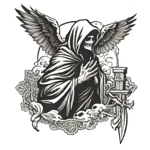 Forearm tattoo, close up shot of a grim reaper praying with 3 doves flying and clouds in the background with 3 crosses tattoo design idea