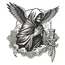 Forearm tattoo, close up shot of a grim reaper praying with 3 doves flying and clouds in the background with 3 crosses tattoo design idea